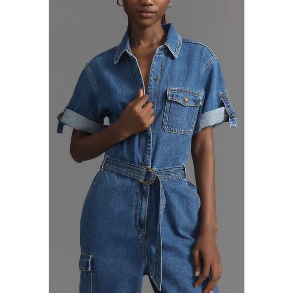 NWT Anthropologie x KIVARI Natalie Short-Sleeve Denim Jumpsuit $300 XXS US Sz 0 - Picture 2 of 8